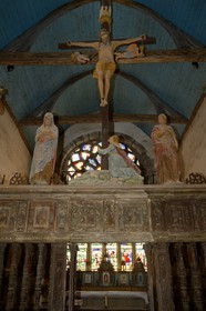 France, Finistere, Saint-Herbot, late Gothic Chapel of St. Herbot, the rood beam above the chancel (space around the altar in the sanctuary)