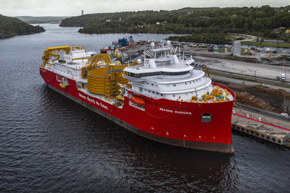 Norway, Ostfold County, Halden, Nexans Aurora cable-laying vessel, vessel for laying electric cables, connecting and repairing these cables (aerial view)