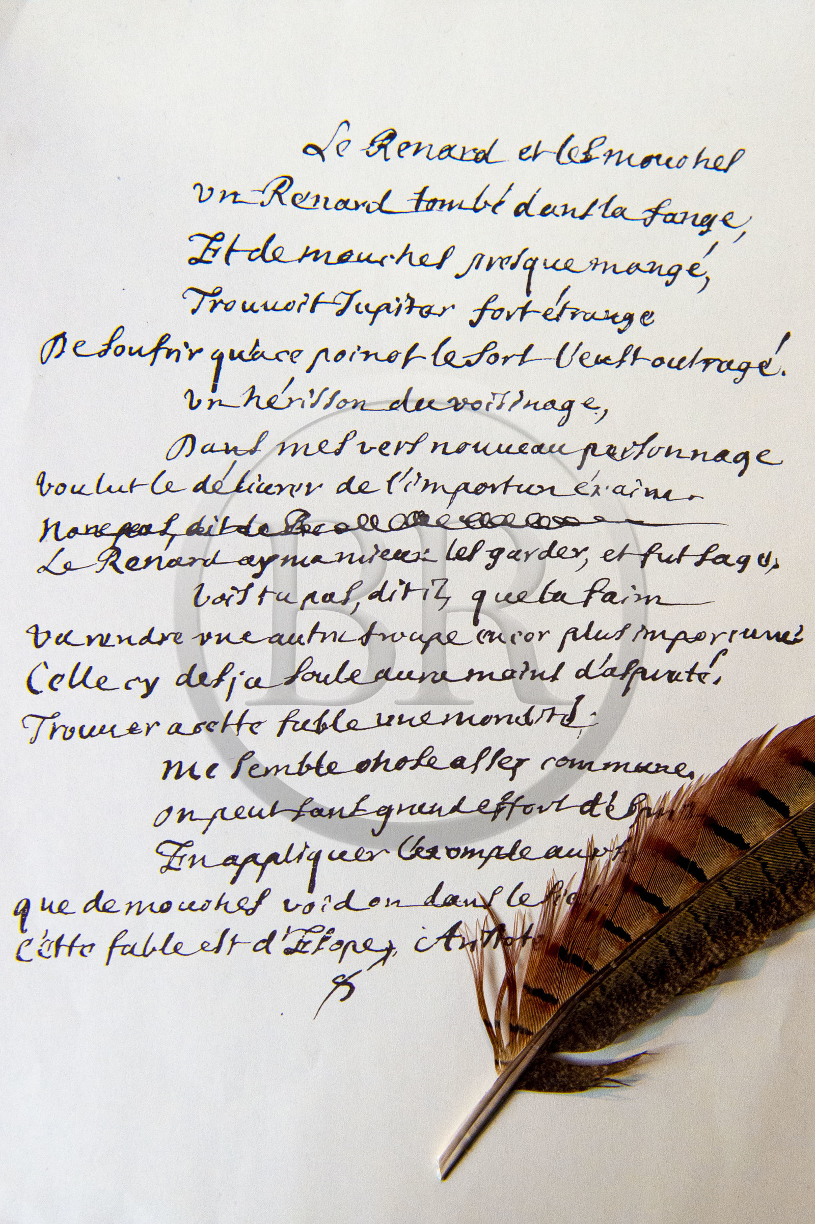 France, Aisne, Château-Thierry, Jean de La Fontaine Museum - city of Chateau-Thierry, draft of the Fable The Fox, the Flies and the Hedgehog written in pen by the hand of Jean de La Fontaine (facsimile)