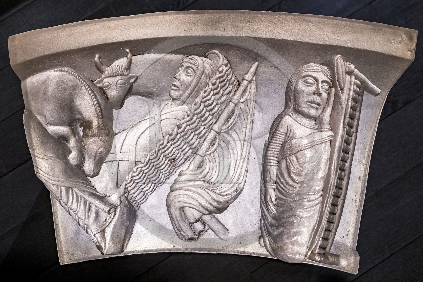 France, Vendee, Nieul-sur-l'Autise, Royal Abbey of Saint-Vincent, hall of capitals, reproduction of the capitals in translucent resin, the Virgin rests in a four-poster bed while the soul and the ox watch over the child