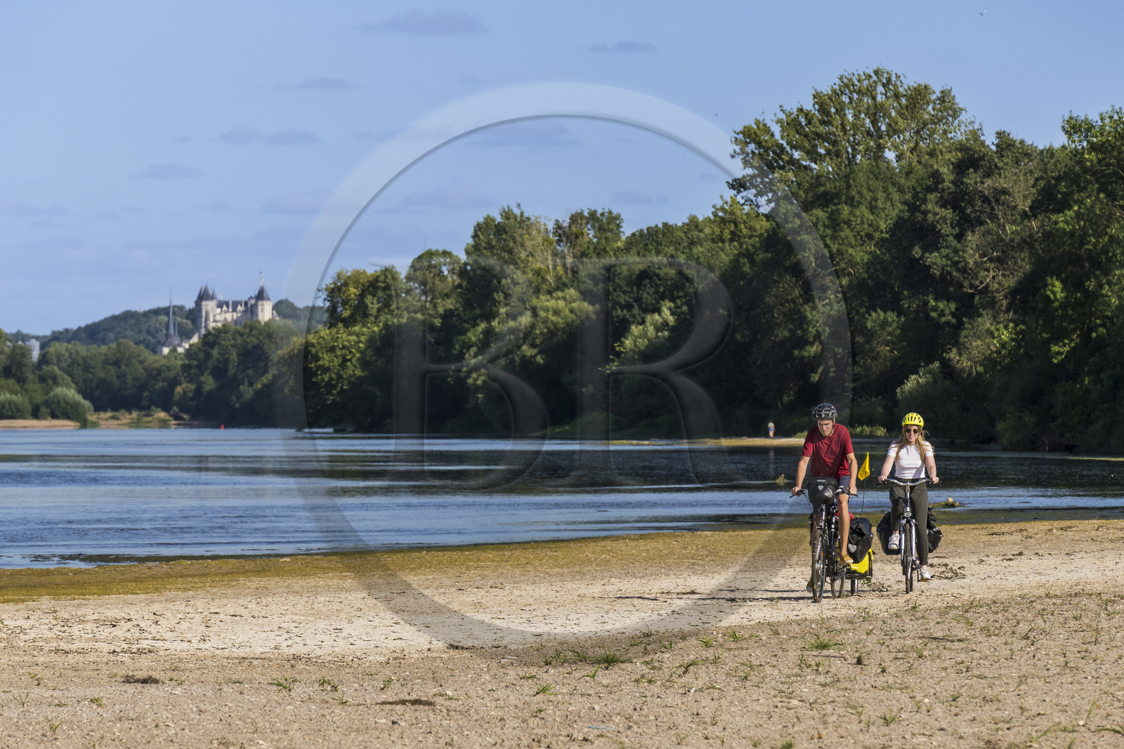 France, Maine-et-Loire, Loire valley listed as World Heritage by UNESCO, Saumur towards Saint-Hilaire, sandbanks forming islands on the Loire and Saumur castle in the background, cycling on the banks of the Loire, bike with a trailer carrying camping equipment