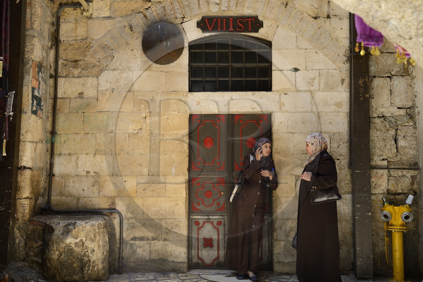 Israel, Jerusalem, holy city, the old town listed as World Heritage by UNESCO, the seventh station of the Via Dolorosa at the intersection of Market street (souk Khan El-Zeit) in the muslim quarter