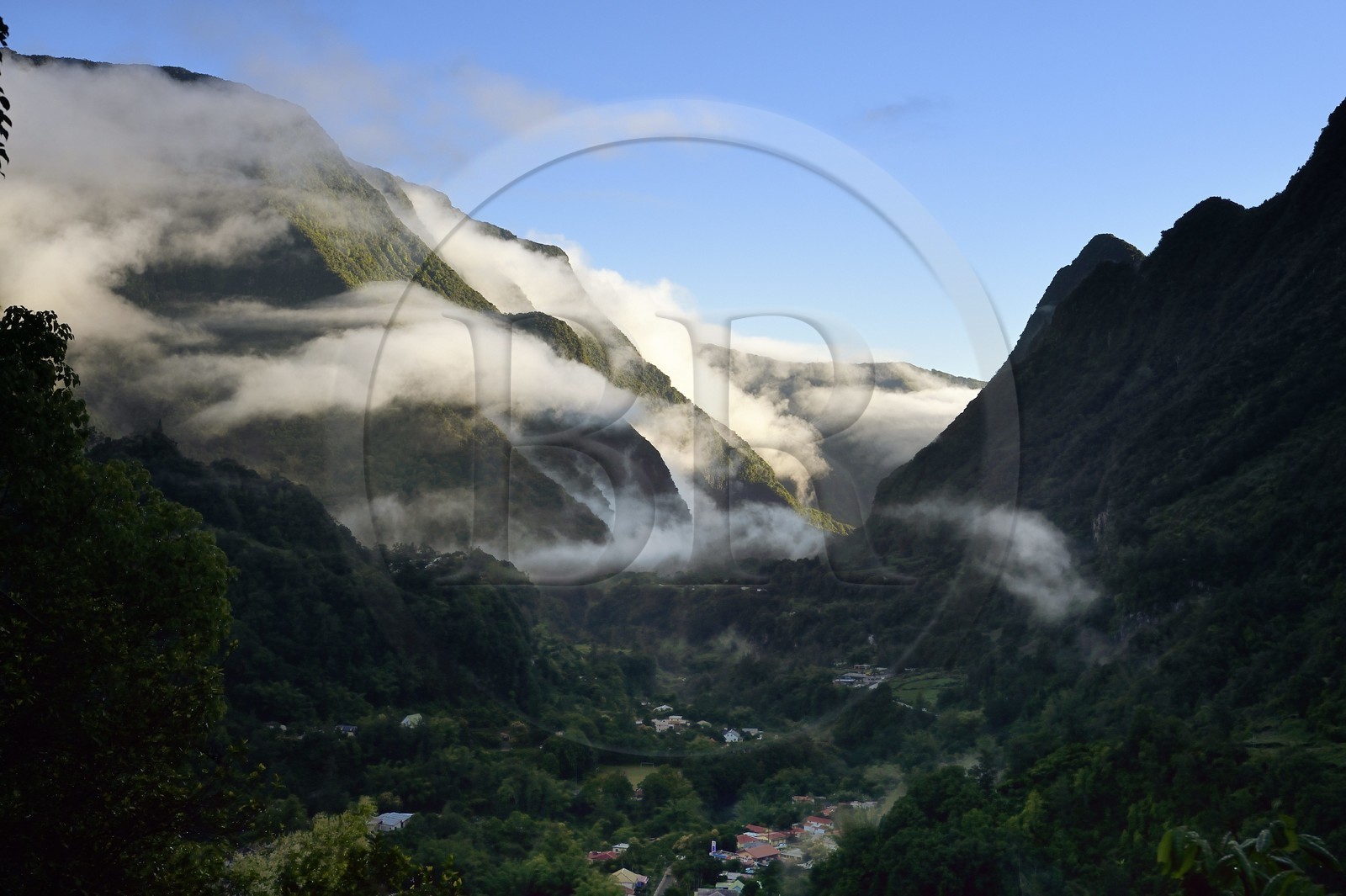France, Reunion island (French overseas department), Cirque de Salazie, listed as World Heritage by UNESCO, entrance to the cirque and the village of Salazie in the Rivière du Mat valley