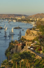 Egypt, Upper Egypt, Nile Valley, Aswan, feluccas on Nile River at Old Cataract Hotel