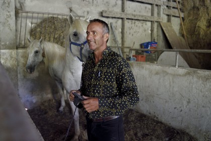 France, Bouches-du-Rhône (13), Parc naturel régional de Camargue, Mas du Menage, manade Saint Antoine (Cauzel), le gardian et son cheval