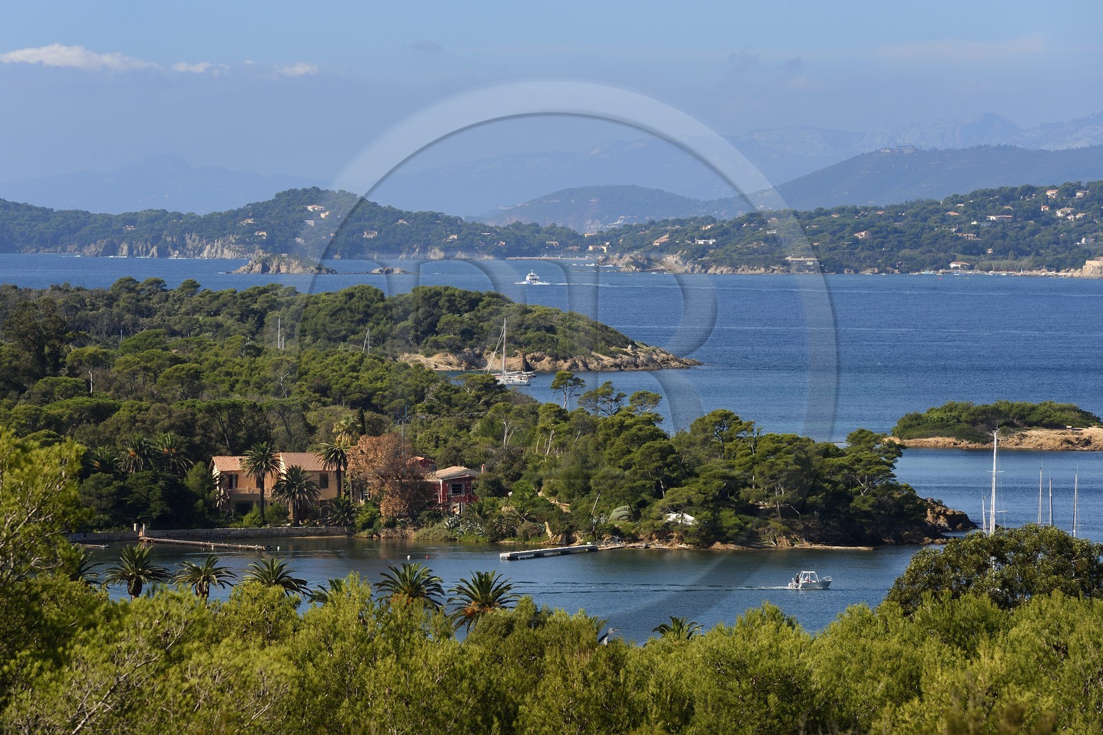 France, Var, Iles d'Hyeres, Parc National de Port Cros (National park of Port Cros), Porquerolles island, the north coast towards Anse du Bon Renaud and the peninsula of Giens in the background