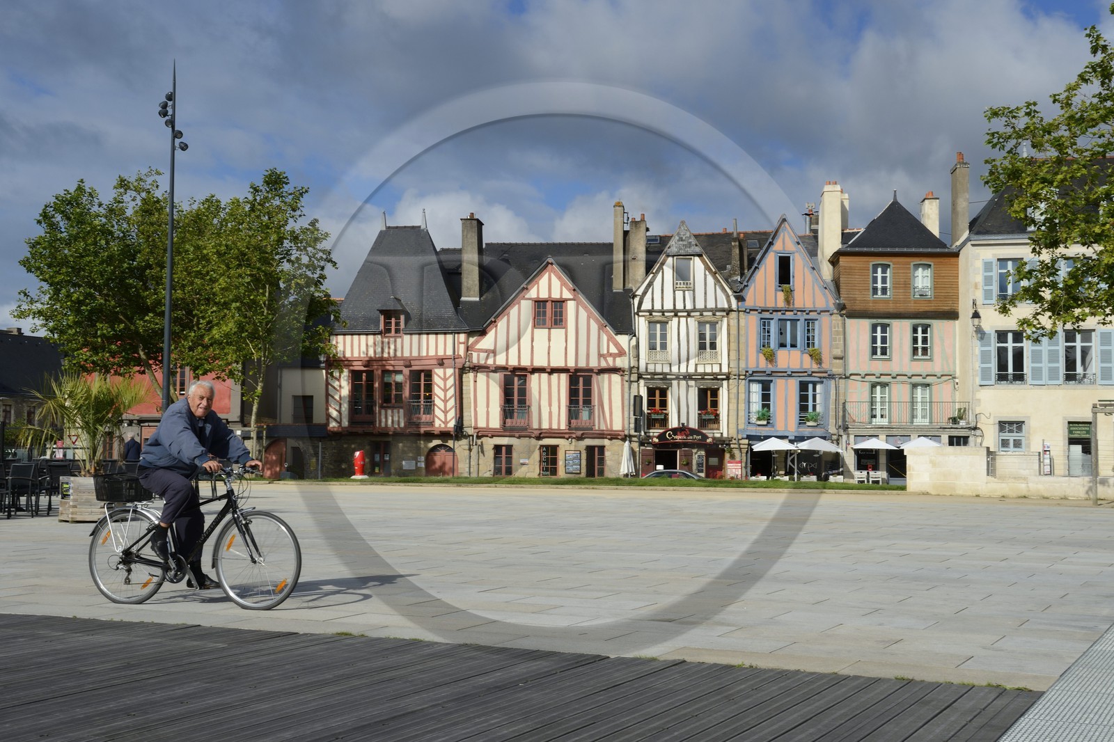 France, Morbihan, Gulf of Morbihan (Golfe du Morbihan), Vannes, Eric Tabarly's dock on the marina and half timbered houses in the background