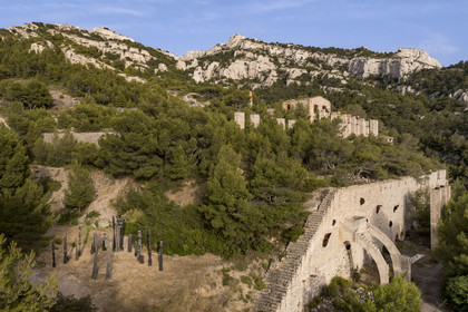 France, Bouches-du-Rhône (13), Marseille, quartier des Goudes, La Friche de l'Escalette dans les ruines d’une ancienne usine de traitement de plomb, L'été de la forêt (1964-1966) de l'artiste François Stahly, au pied du massif de Marseilleveyre