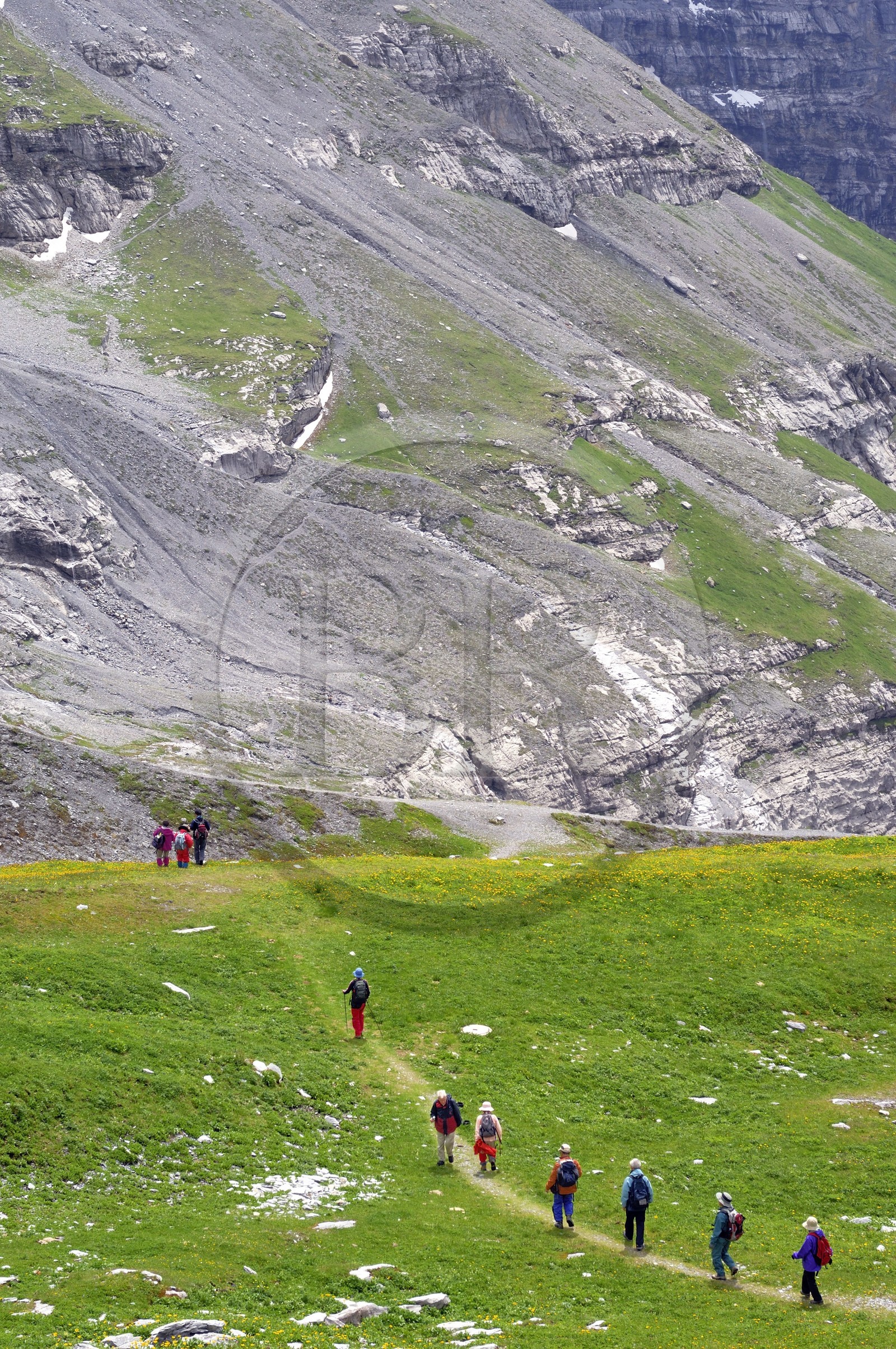 Switzerland, Canton of Bern, Bernese Oberland, Jungfrau Aletsch Bietschhorn (3 454 m) called the Top of Europe, listed as World Heritage by UNESCO, Hikers