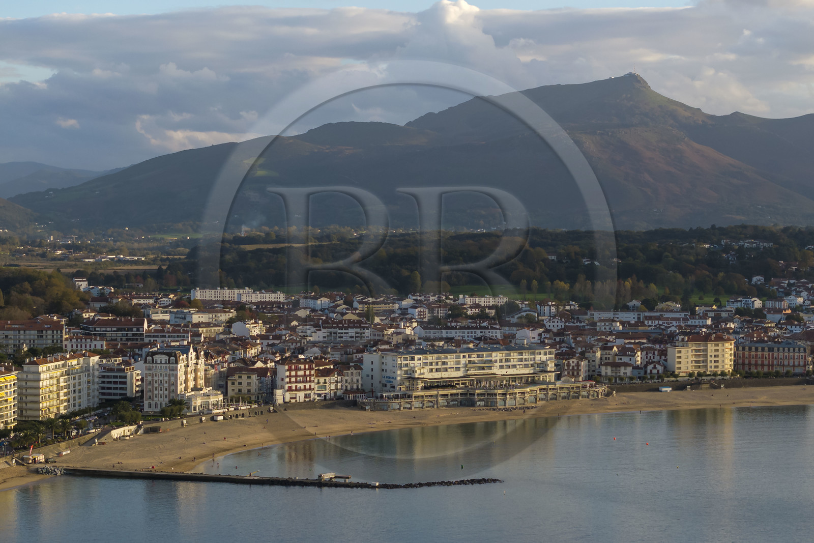France, Pyrenees Atlantiques, Basque Country coast, Saint-Jean-de-Luz, the Grande Plage and the La Rhune mountain in the background (aerial view)