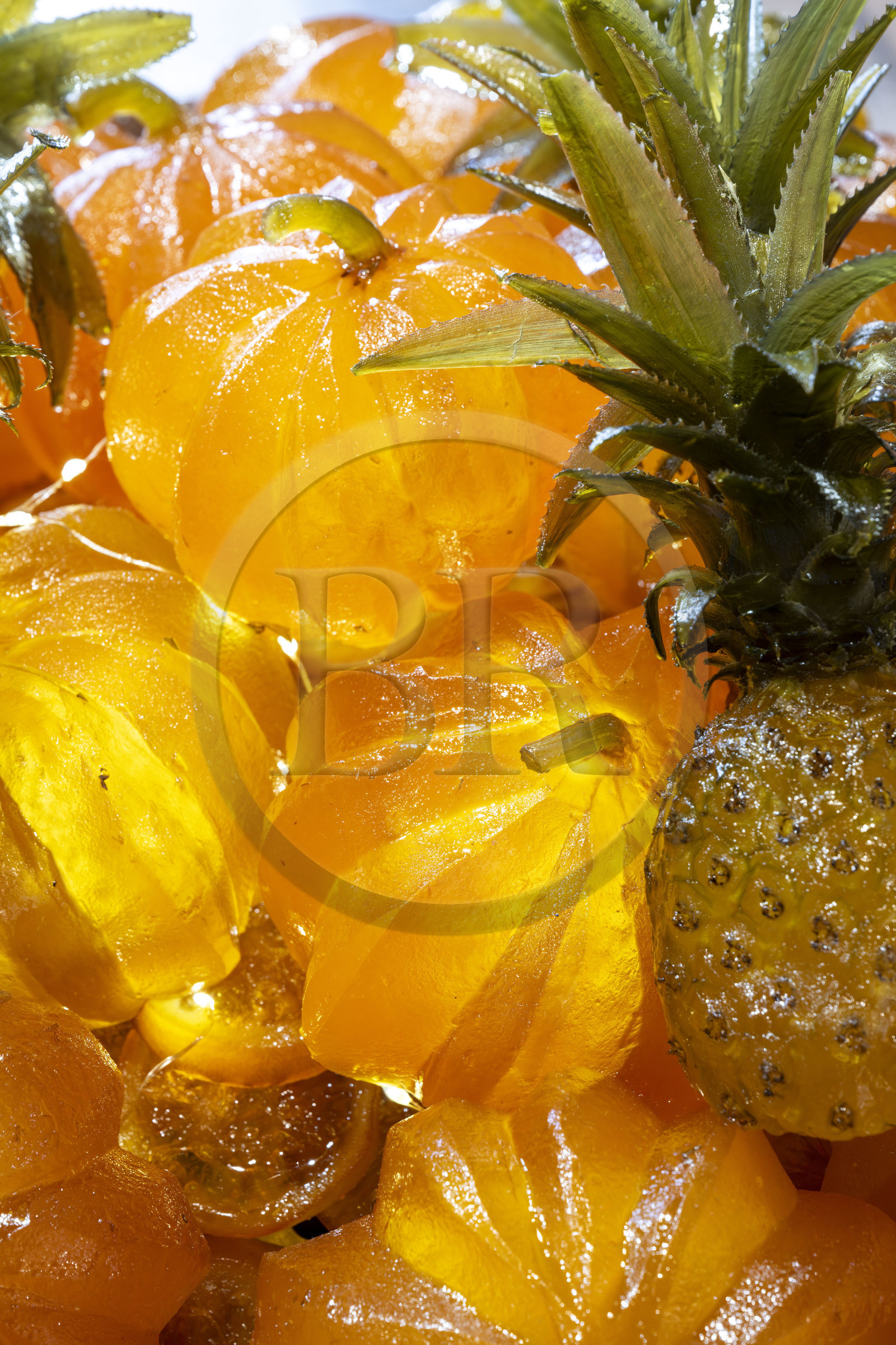 France, Bouches du Rhone, Regional Natural Park of the Alpilles, Saint Remy de Provence, Maison Lilamand, traditional confectionery of candied fruits and calissons, made with cantaloupe melon and Victoria pineapple