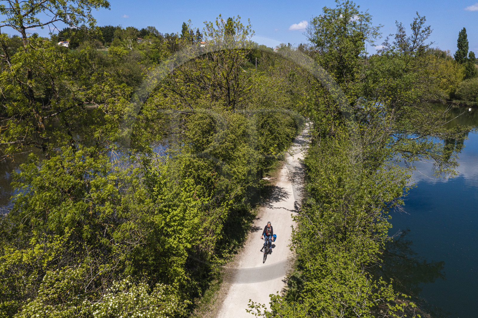 France, Charente (16), Fléac, une cycliste progresse entre deux bras de la Charente sur l'ancien chemin de halage devenu la véloroute La Flow Vélo (vue aérienne)