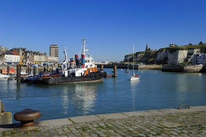 France, Seine-Maritime, Dieppe, harbour entrance overlooked by the chapel of Notre-Dame de Bonsecours