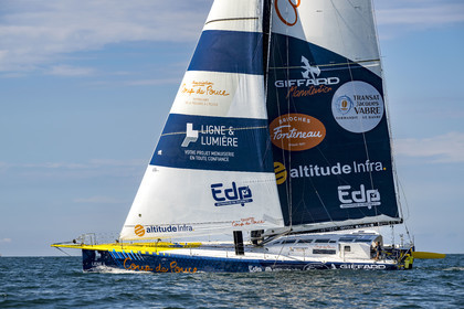 France, Vendee, Les Sables d'Olonne, skipper Manuel Cousin training on his 60-foot monohull sailboat IMOCA Coup de Pouce