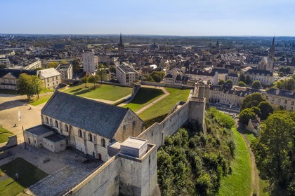 France, Calvados, Caen, the ducal castle of William the Conqueror, the Exchequer hall (salle de l'Echiquier) and the ramparts (aerial view)