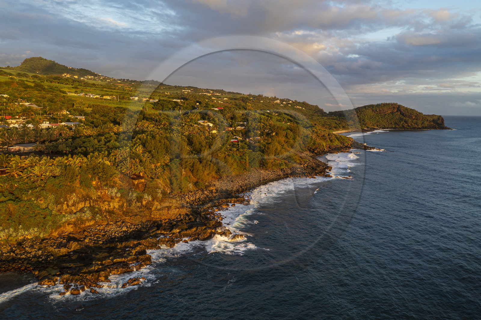 France, Reunion island (French overseas department), Petite-Ile on the southern coast, beach and rocks towards Grand Anse (aerial view)