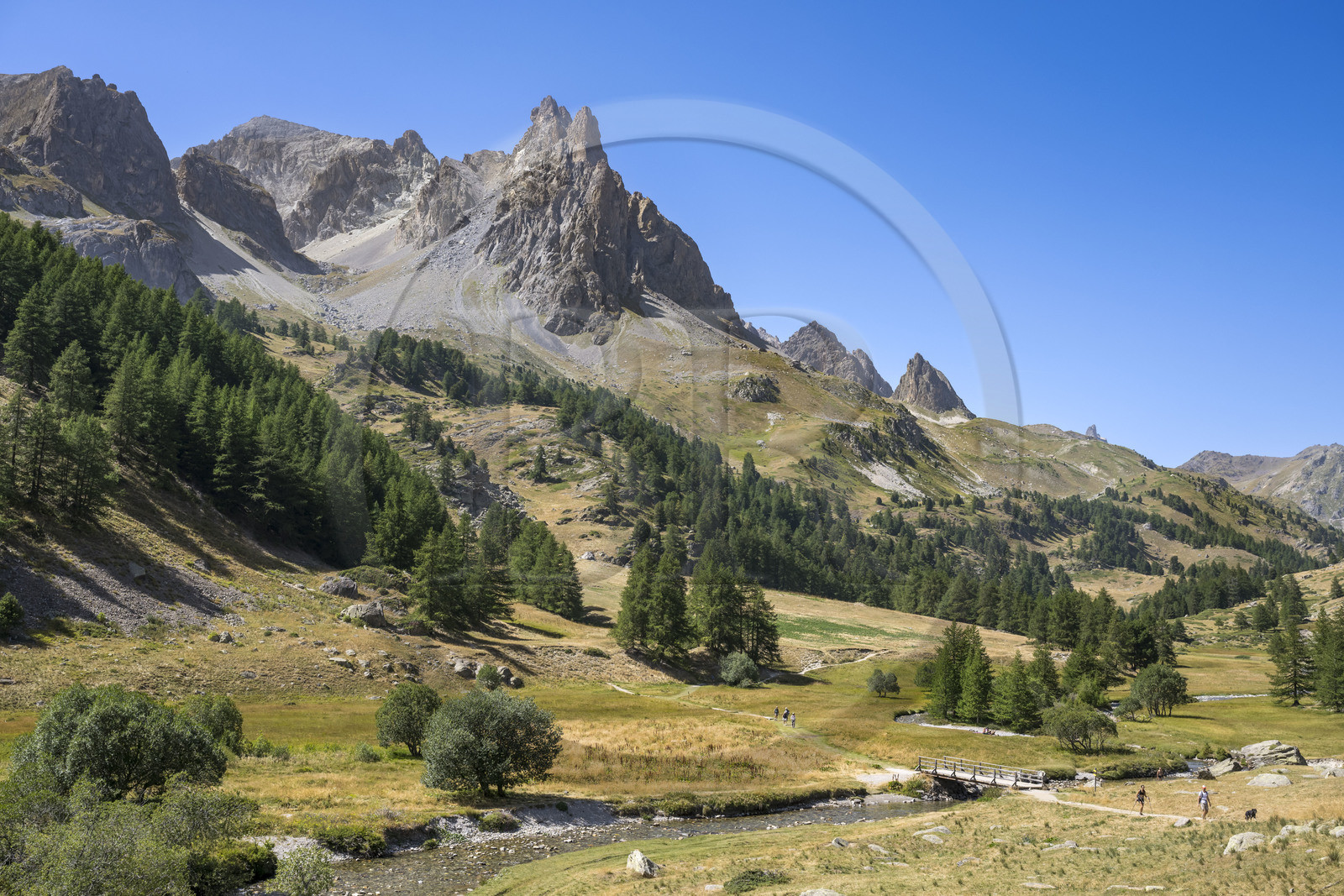 France, Hautes Alpes, Briancon region, Nevache, the Clarée valley, the Clarée river at the Moutet bridge, the Cerces massif and the peaks of the Main de Crépin (2942m) in the background