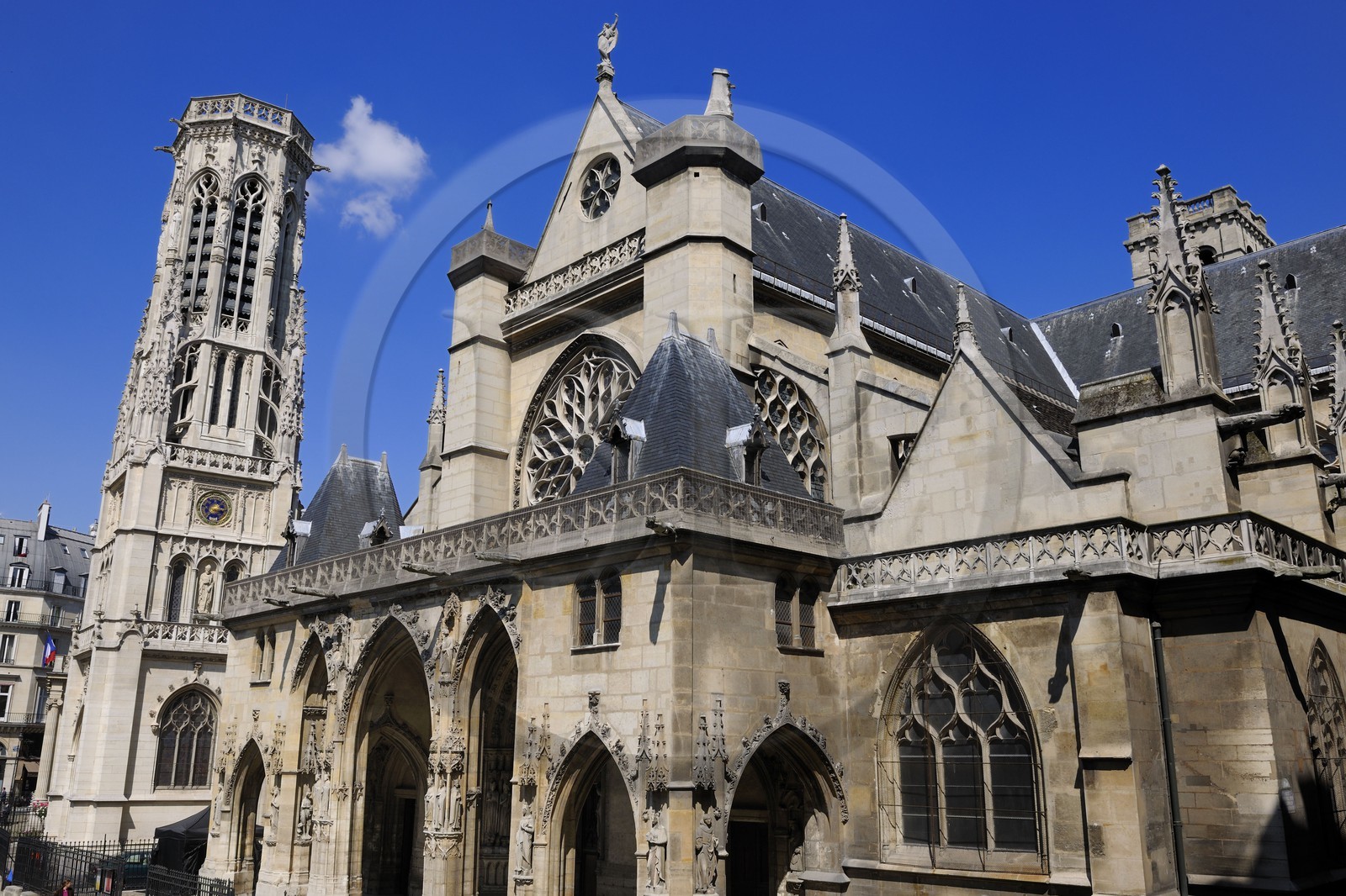 France, Paris, Saint Germain l' Auxerrois church and the belfry of the city hall of the 1st district (1860) on the left