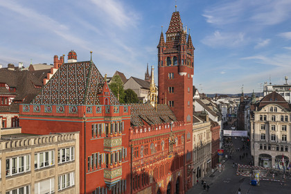 Suisse, Bâle, Marktplatz (place du marché), l'Hôtel de Ville (Rathaus) (vue aérienne)