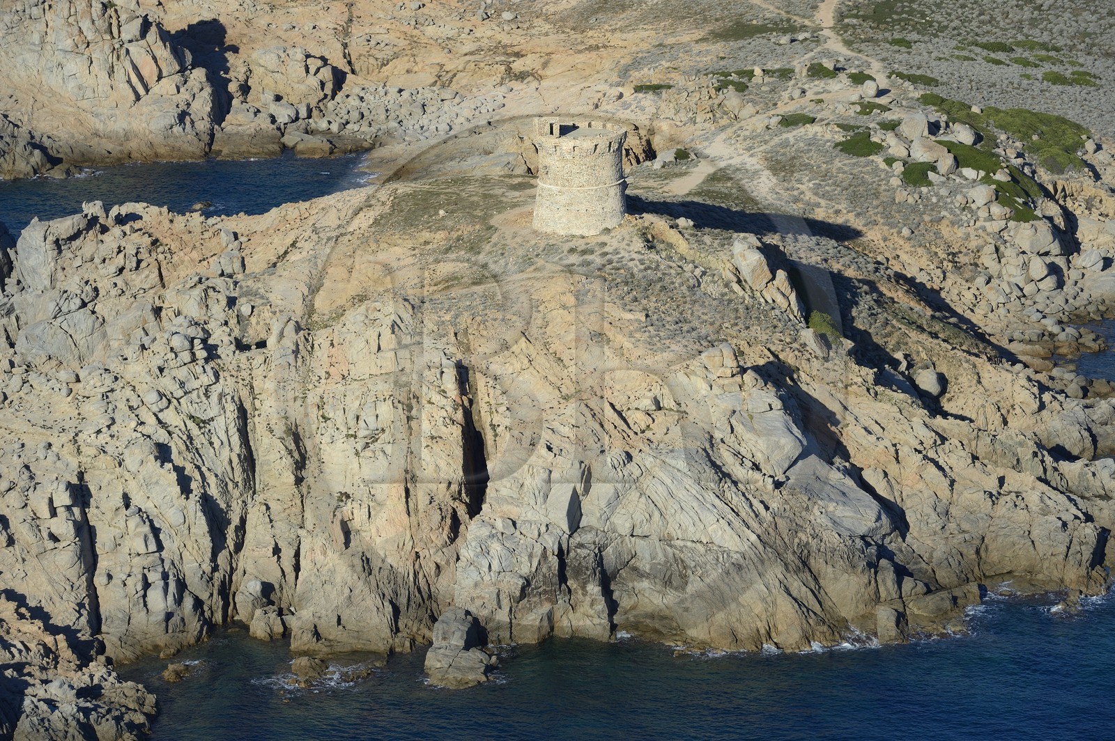 France, Corse du Sud, Cargese, the Genoese tower of the point of Omigna (aerial view)