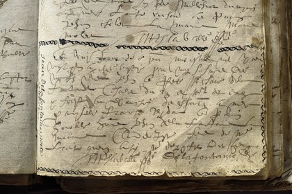 France, Aisne, Château-Thierry, Jean de La Fontaine Museum - city of Chateau-Thierry,  the poet's original baptismal certificate, subsequently annotated in the margin Jean Delafontaine poete celebre