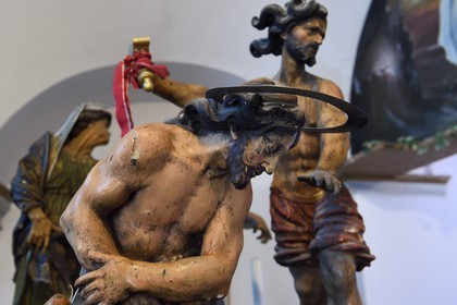 France, Corse du Sud, Bonifacio, Upper Town, St. John the Baptist church, detail of the reliquary representing the Beheading of Saint John the Baptist