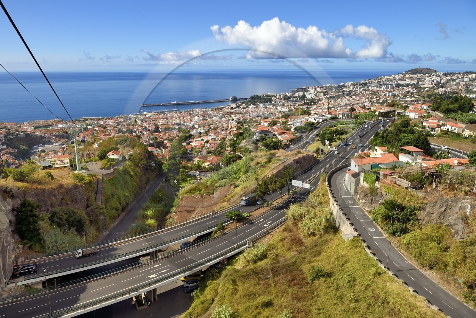 Portugal, Madeira Island, Funchal, the cable car that connects the historic district in the lower town to the tropical garden in the heights, expressways and road tunnels