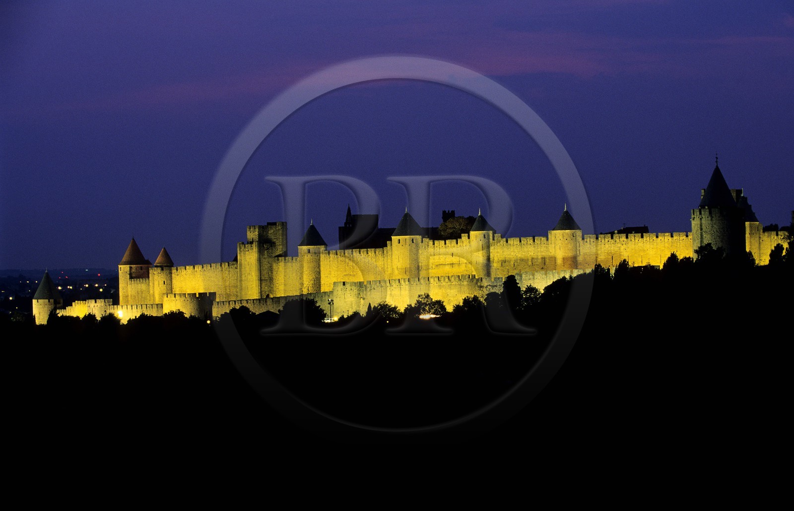 France, Aude, ramparts of Carcassonne at night