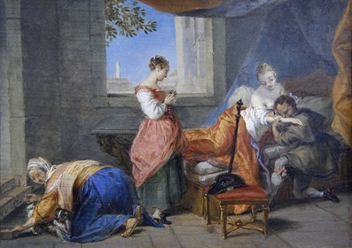 France, Aisne, Château-Thierry, Jean de La Fontaine Museum - city of Chateau-Thierry, painting by Nicolas Vleughels which illustrates a passage from one of La Fontaine's (erotic) Short stories, The little dog who shook money and gems, Oil on panel (1732)