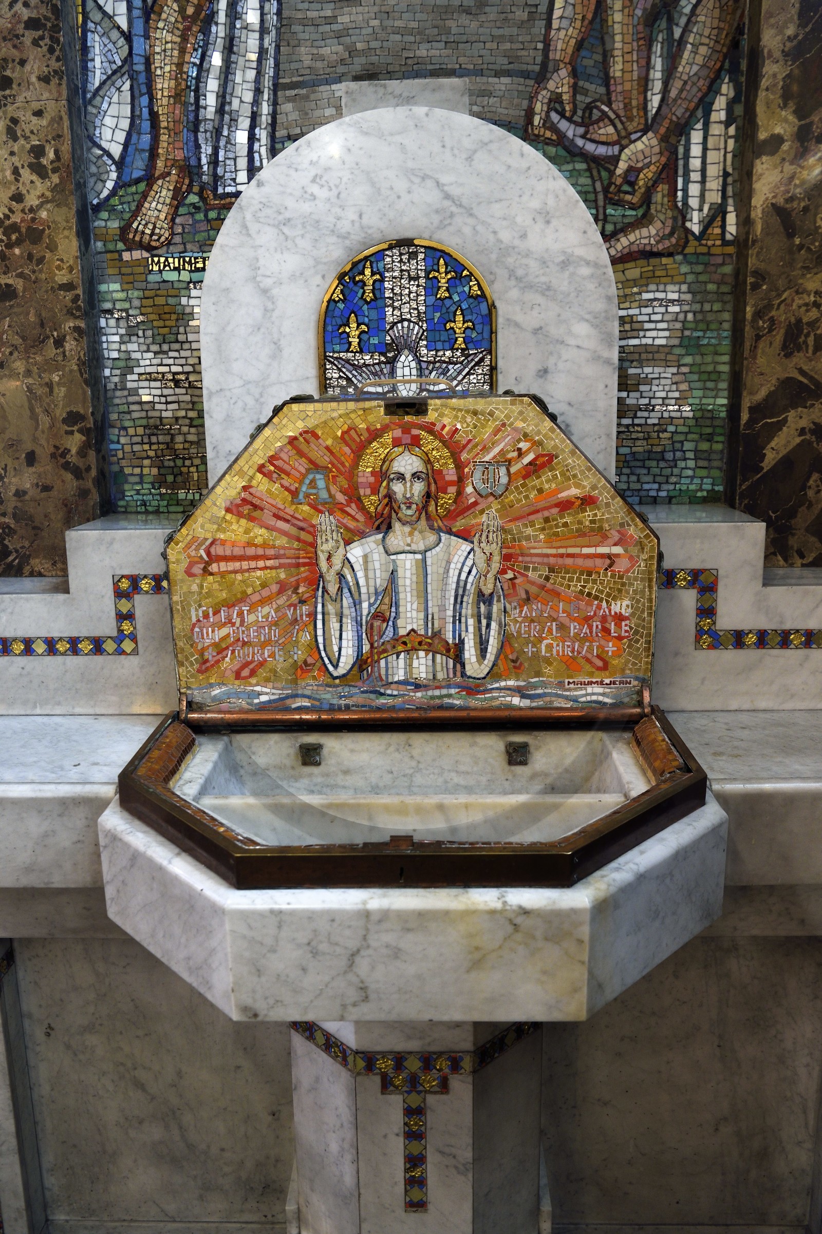 France, Allier (03), Vichy, Notre Dame des Malades (Our Lady of the Sick) church and Saint Blaise church, baptismal font covered with mosaics made by the Mauméjean brothers