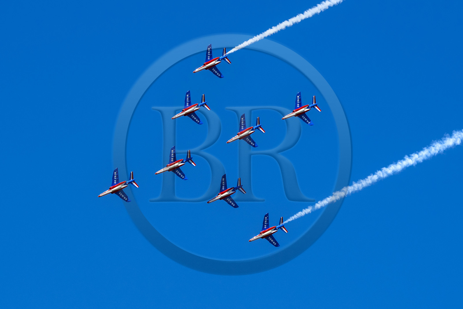 France, Bouches du Rhone, Salon de Provence, air base 701, base of the Patrouille de France (PAF for Patrouille acrobatique de France) of the French Air and Space Force, Alphajet aircraft fly in Dard formation
