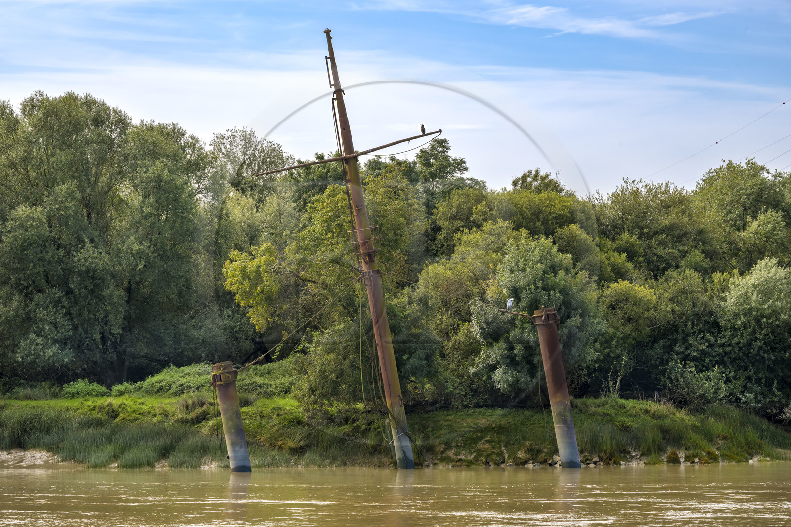 France, Loire Atlantique, Saint Jean de Boiseau, masts from the wreck of the Antarktis sunk at the end of the Second World War to block the Loire river