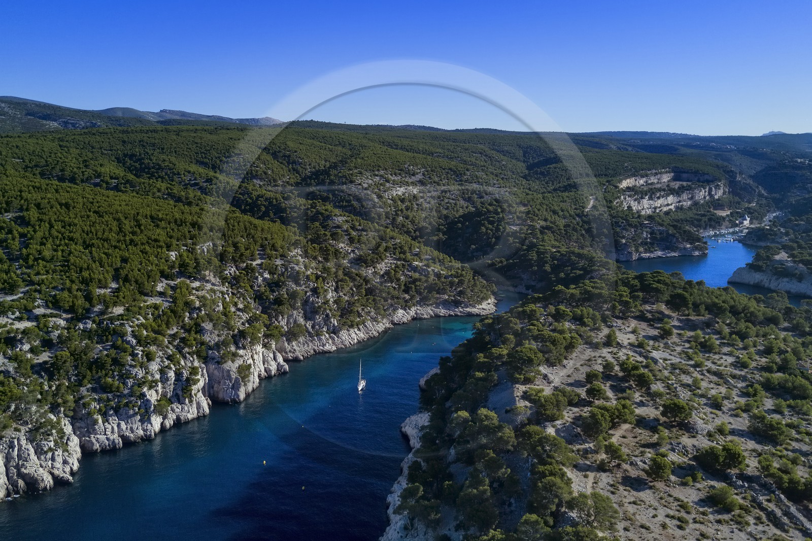 France, Bouches du Rhone, Cassis, National Park of the Calanques, Calanque de Port Pin (cove) and Calanque de Port Miou (cove) in the background (request for authorization necessary before publication)