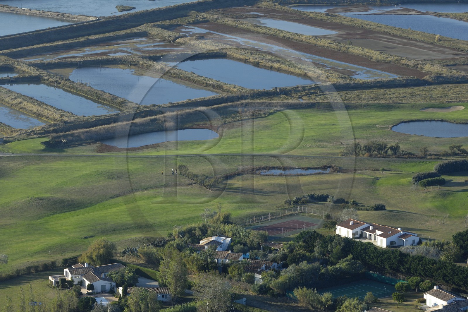 France, Charente-Maritime (17), ile de Ré, les Portes-en-Ré vers la Pointe du Fier d'Ars, golf (vue aérienne)