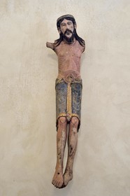 France, Haute Loire, Blesle, labelled Les Plus Beaux Villages de France (The most beautiful villages of France), Saint Pierre church in Auvergne Romanesque style, Cluniac site, Christ on the cross in polychrome wood (12th century)
