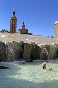 Spain, Aragon, Zaragoza, Plaza del Pilar, la Fuente de la Hispanidad and the leaning bell tower of the church of San Juan de Los Panetes