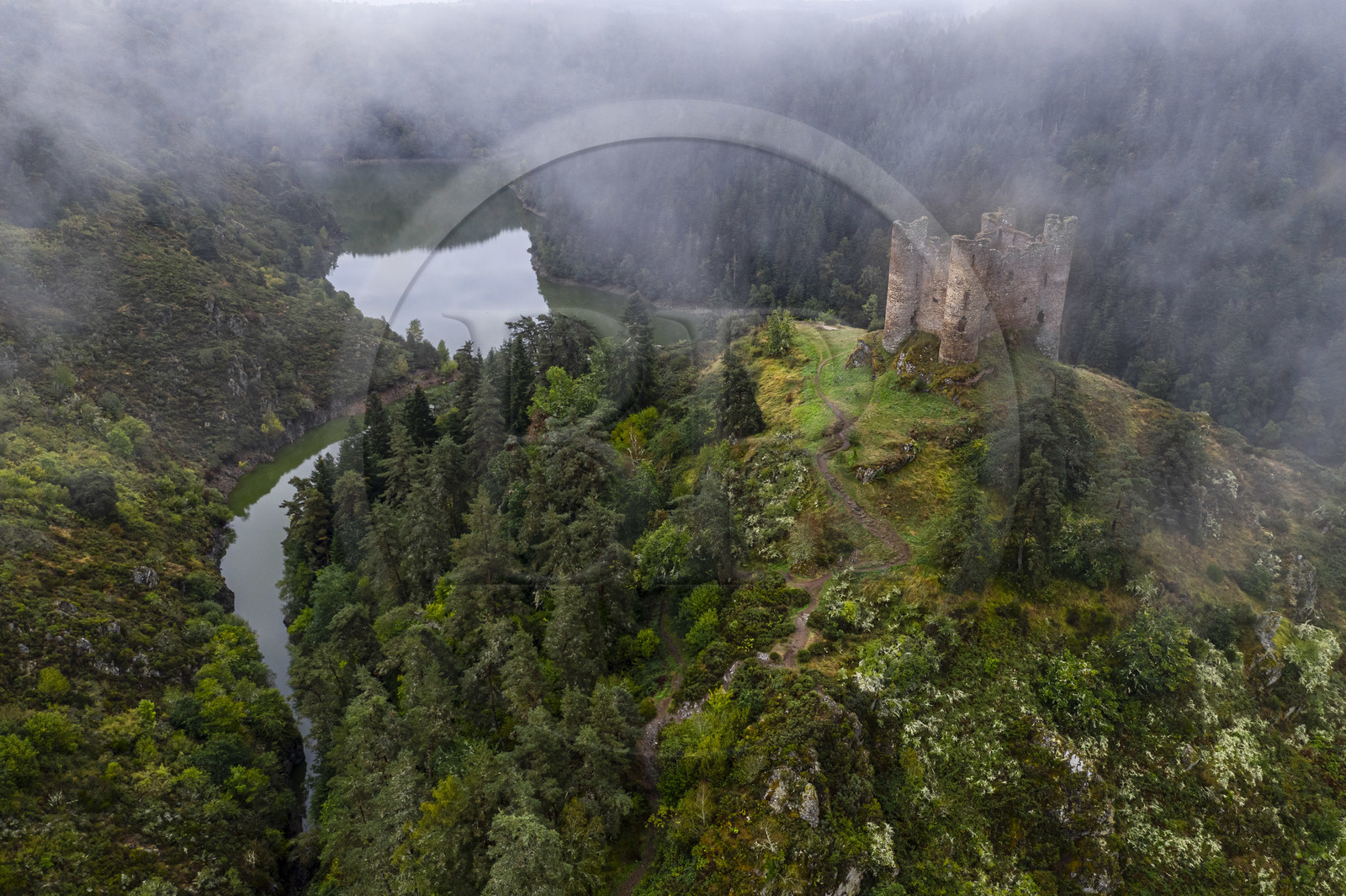 France, Cantal, Gorges de la Truyere (Truyere river canyon), Alleuze, perched feudal ruins of the 13th century castle of Alleuze rebuilt in 1405 (aerial view)