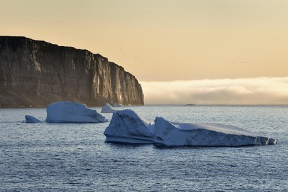 Groenland, cote Nord-Ouest, Murchison sund au nord de Baffin Bay, les falaises vertigineuses de Hakluyt Island au large de la cote ouest de Kiatak (Northumberland Island)