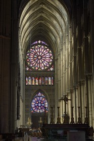 France, Marne (51), Reims, la cathédrale Notre-Dame de Reims, classée Patrimoine Mondial de l'UNESCO, rosace de la facade occidentale