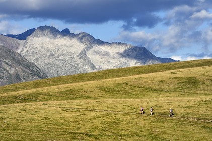 France, Hautes Pyrenees, Saint Lary Soulan and Vielle-Aure, hike on a variant of the GR10 between the Portet pass and the Bastan lakes on the edge of the Neouvielle nature reserve in the background