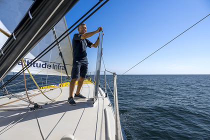France, Vendee, Les Sables d'Olonne, skipper Manuel Cousin training on his 60-foot monohull sailboat IMOCA Coup de Pouce
