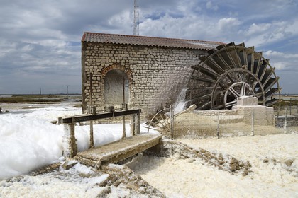 France, Bouches-du-Rhône (13), Camargue, Salin-de-Giraud, les salins du Midi, roue à aube de la station de pompage
