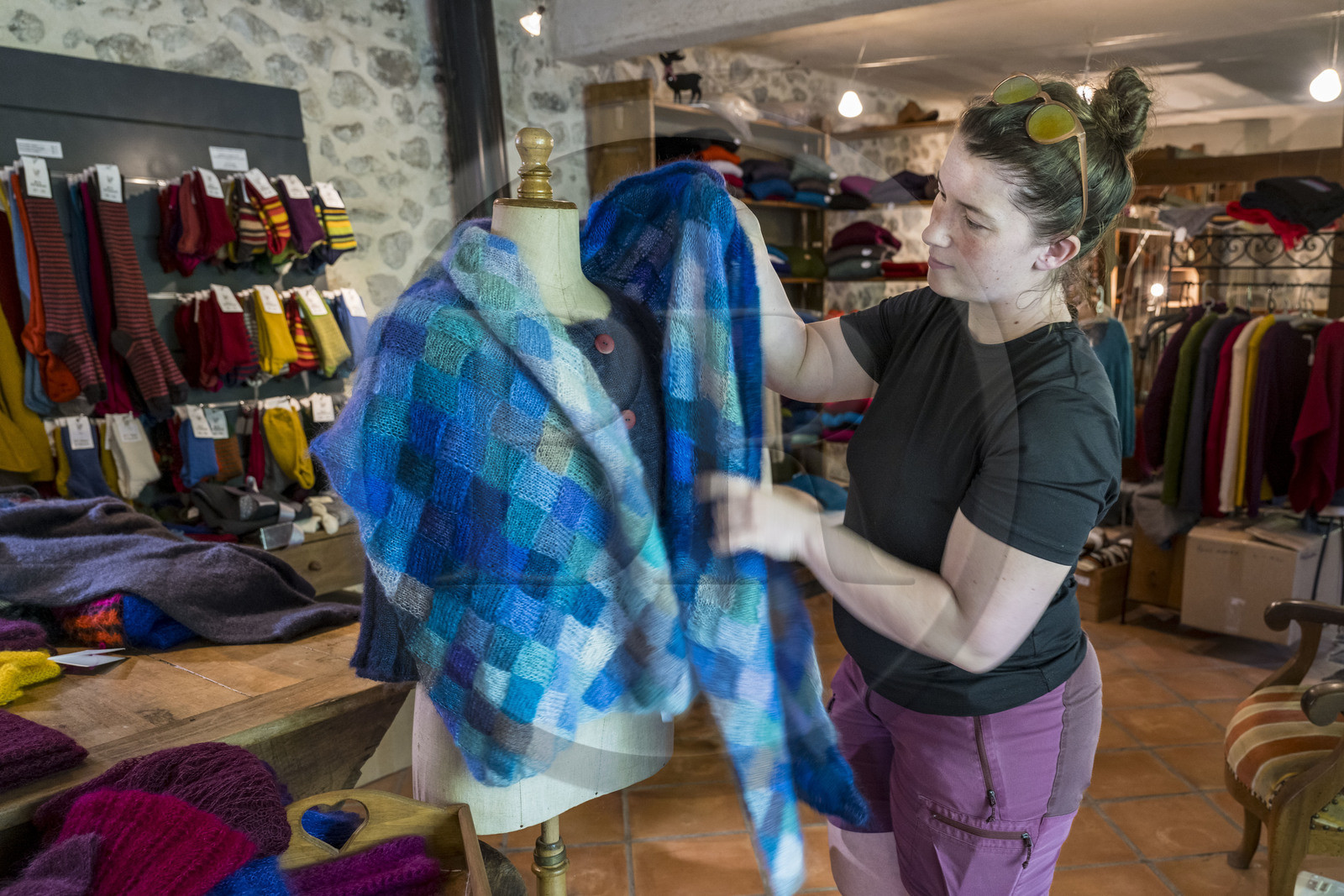France, Drome, regional natural park of Baronnies provencales, Saint Sauveur Gouvernet, Mohair du Moulin farm in the Ennuye river valley, Angora goat breeding, Isabelle Aubert in her farm shop