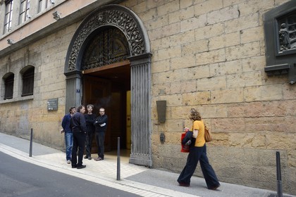 France, Rhone, Lyon, historical site listed as World Heritage by UNESCO, La Croix Rousse District, rue Saint Polycarpe, building on the Status of Silks (Condition des Soies) which was intended to establish the dry weight of silk