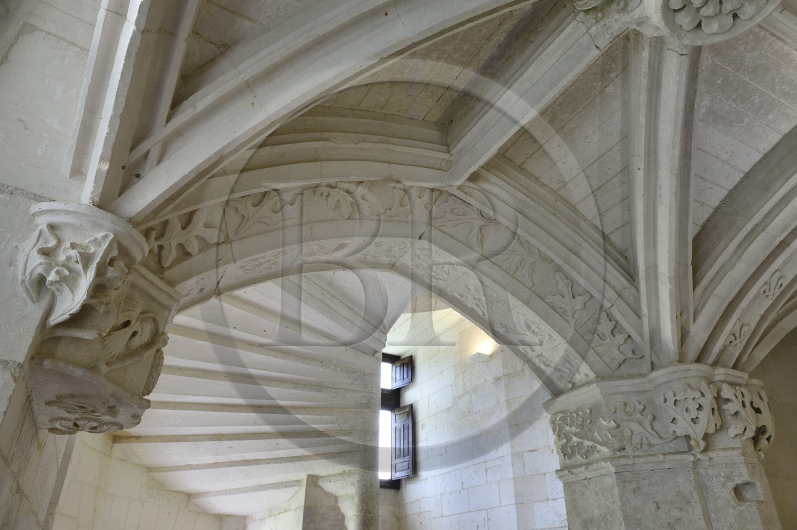 France, Dordogne (24), Périgord Vert, Villars, château de Puyguilhem, le grand escalier en vis