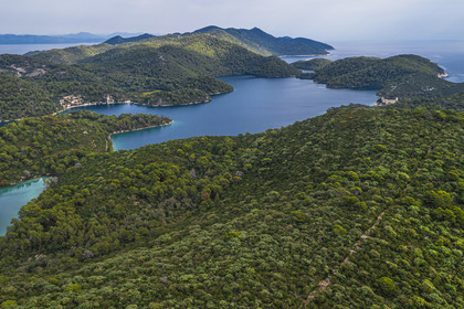 Croatie, Dalmatie, cote dalmate, Ile de Mljet, Parc national de Mljet et l'ancien monastère bénédictin sur l'ilot de Sainte Marie (Sveta Marija) en arrière plan à droite (vue aérienne)