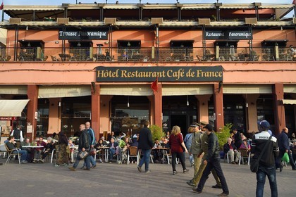Morocco, High Atlas, Marrakech, Imperial city, Medina listed as World Heritage by UNESCO, Jemaa El Fna square, the Café de France