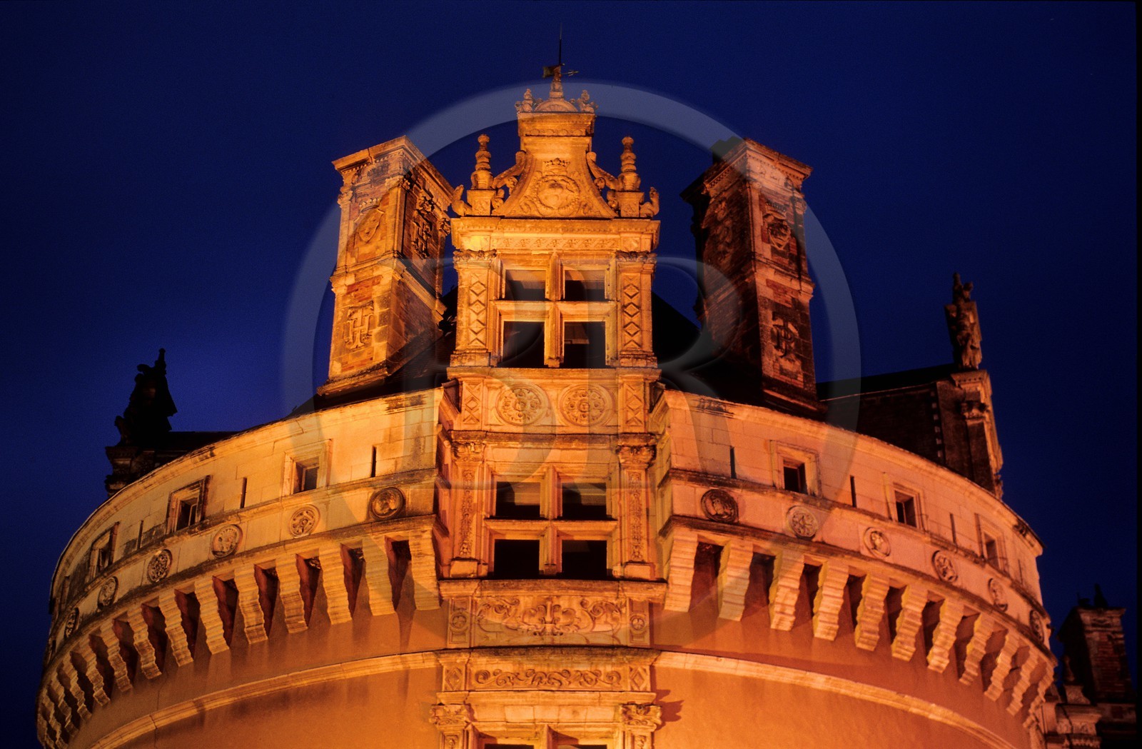 France, Sarthe, tower of Lude castle by night