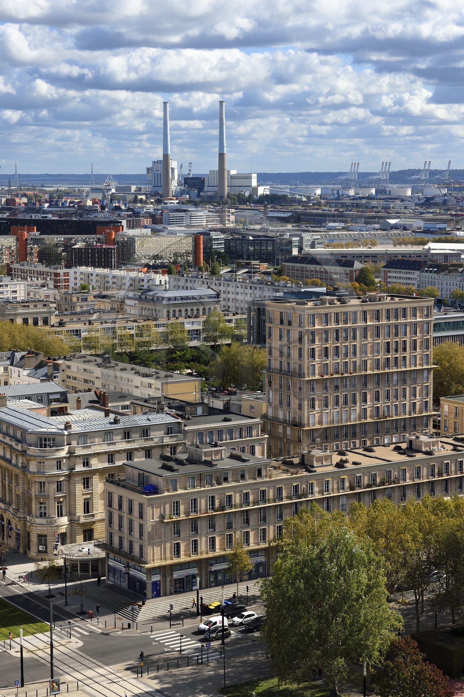 France, Seine Maritime, Le Havre, Downtown rebuilt by Auguste Perret listed as World Heritage by UNESCO, Perret buildings around the City Hall gardens and the port in the background