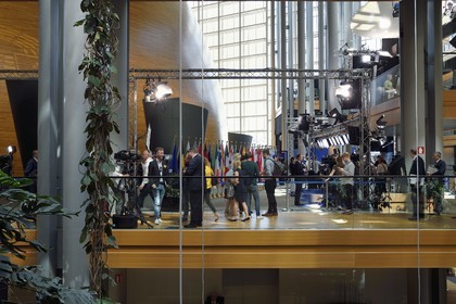 France, Bas Rhin, Strasbourg, European district, the European Parliament, around the main street and and the outer part of the hemicycle on the left in the building Louise-Weiss, interview of new MEPs at the inaugural plenary session of the new European Parliament on 2 July 2019
